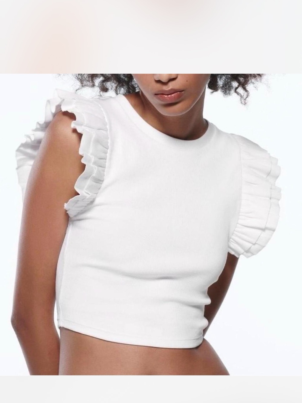 Zara White Ribbed Ruffle Sleeve Crop Top Size S